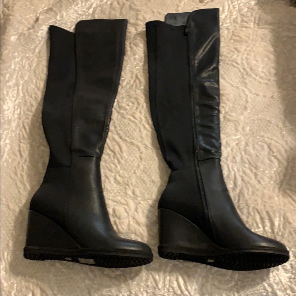 Over the knee black faux leather boots